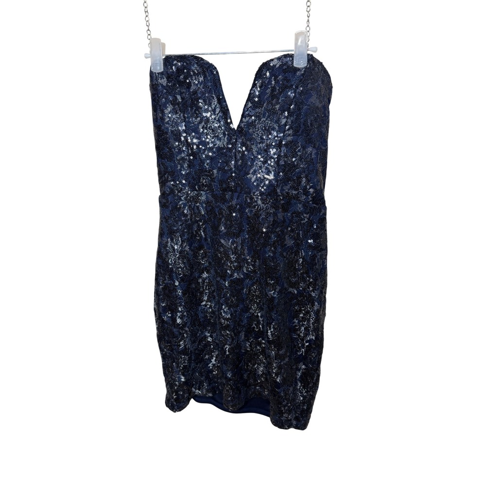Sequin Hearts Navy Blue Strapless Deep V-Neck Sequin Bodycon Mini Dress Size 9